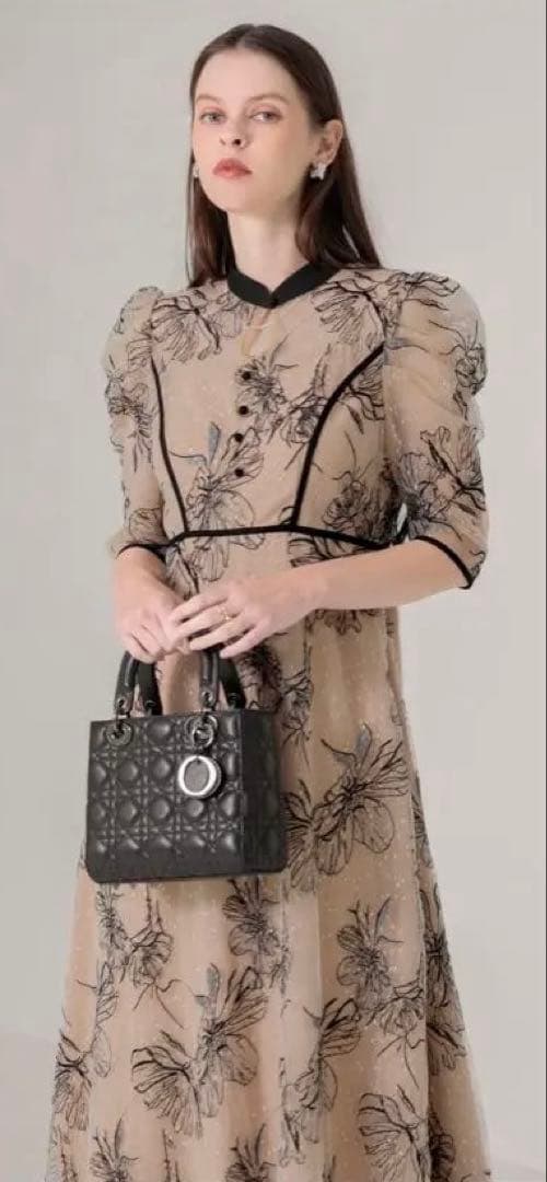 LEJA 配色パイピングプチハイネック花柄刺繍ラメレースロング丈ドレスワンピース