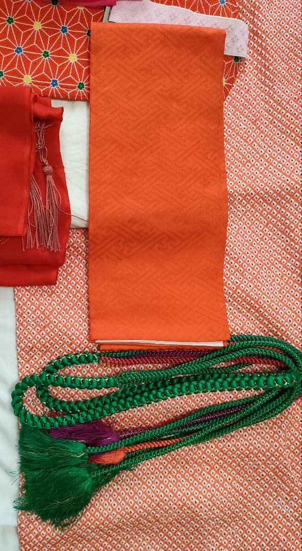 正絹着物一式 ジュニアサイズ 朱色総絞り 付属品多数 全14点