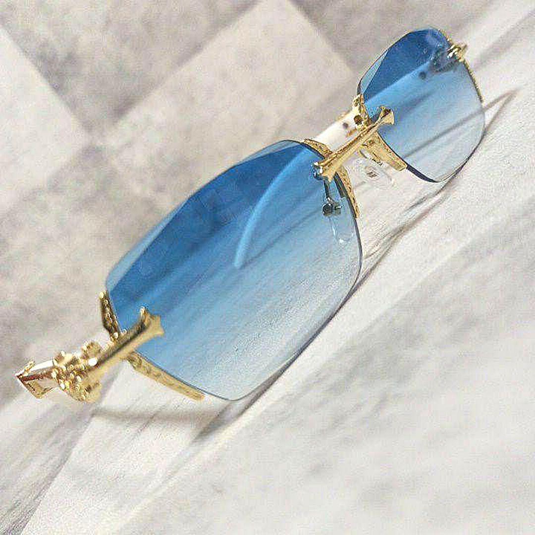 リムレス■サングラス■ゴールド×ホワイト■ブルーグラデーション■Y2K■未使用品