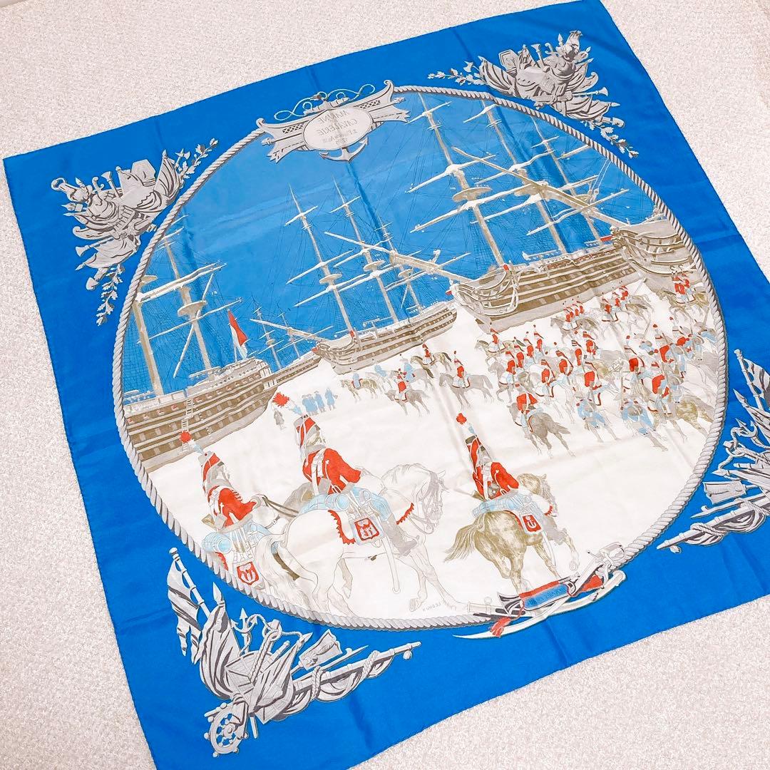 エルメス Hermès スカーフ カレ90 マリンエカヴァルリー 青 シルク