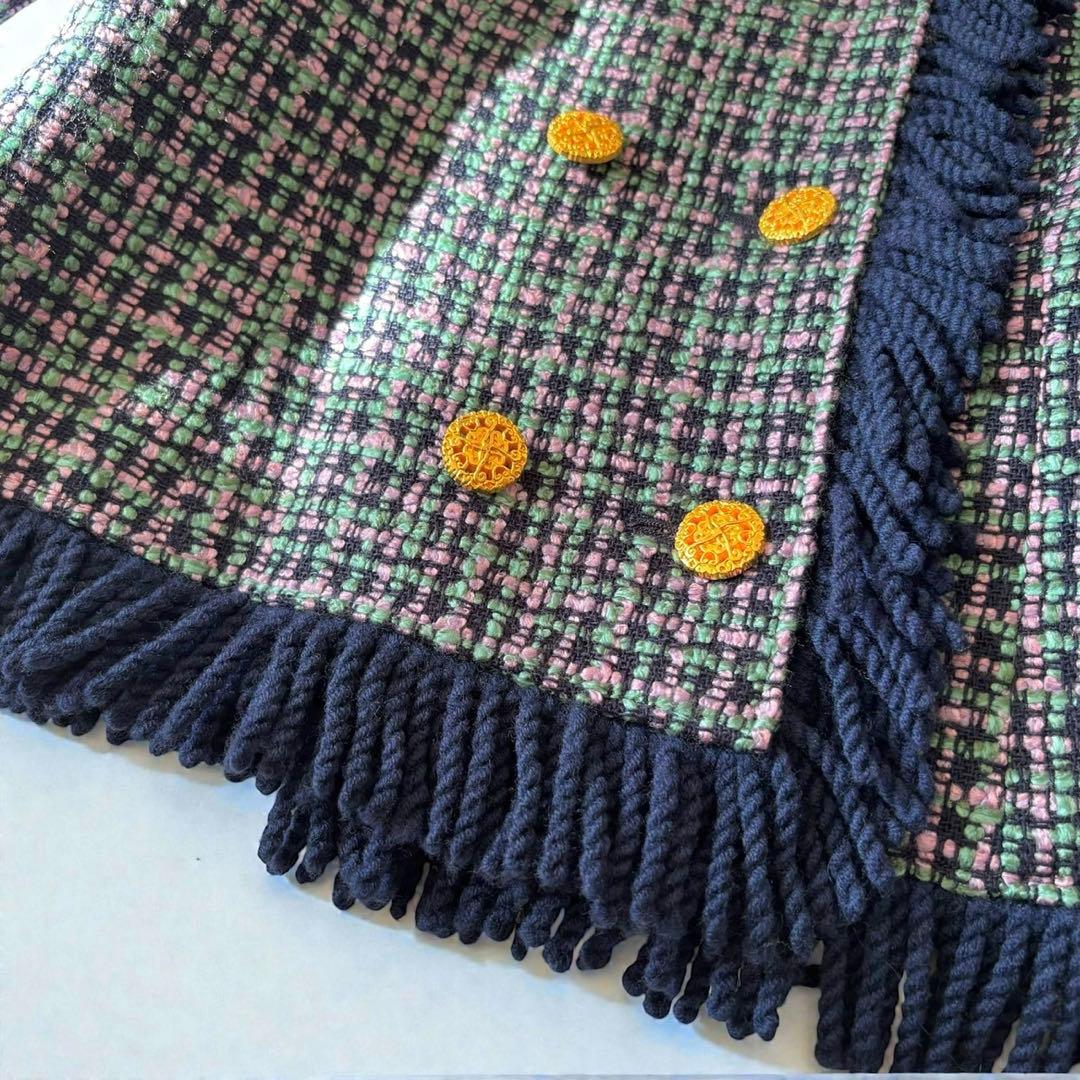 ミックスツイード バブリースーツ フリンジ 金ボタン 日本製