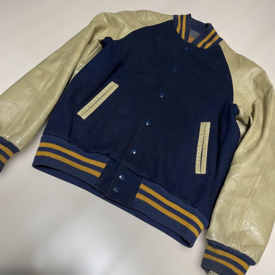 Used ネイビー ベージュ スタジャン ウール レザー