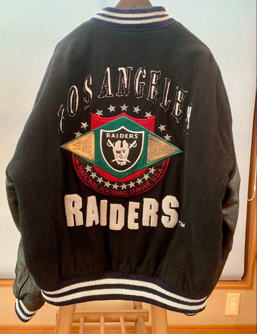 90s ロサンゼルス レイダース 袖レザースタジャン NFL サイズ48 黒ピン
