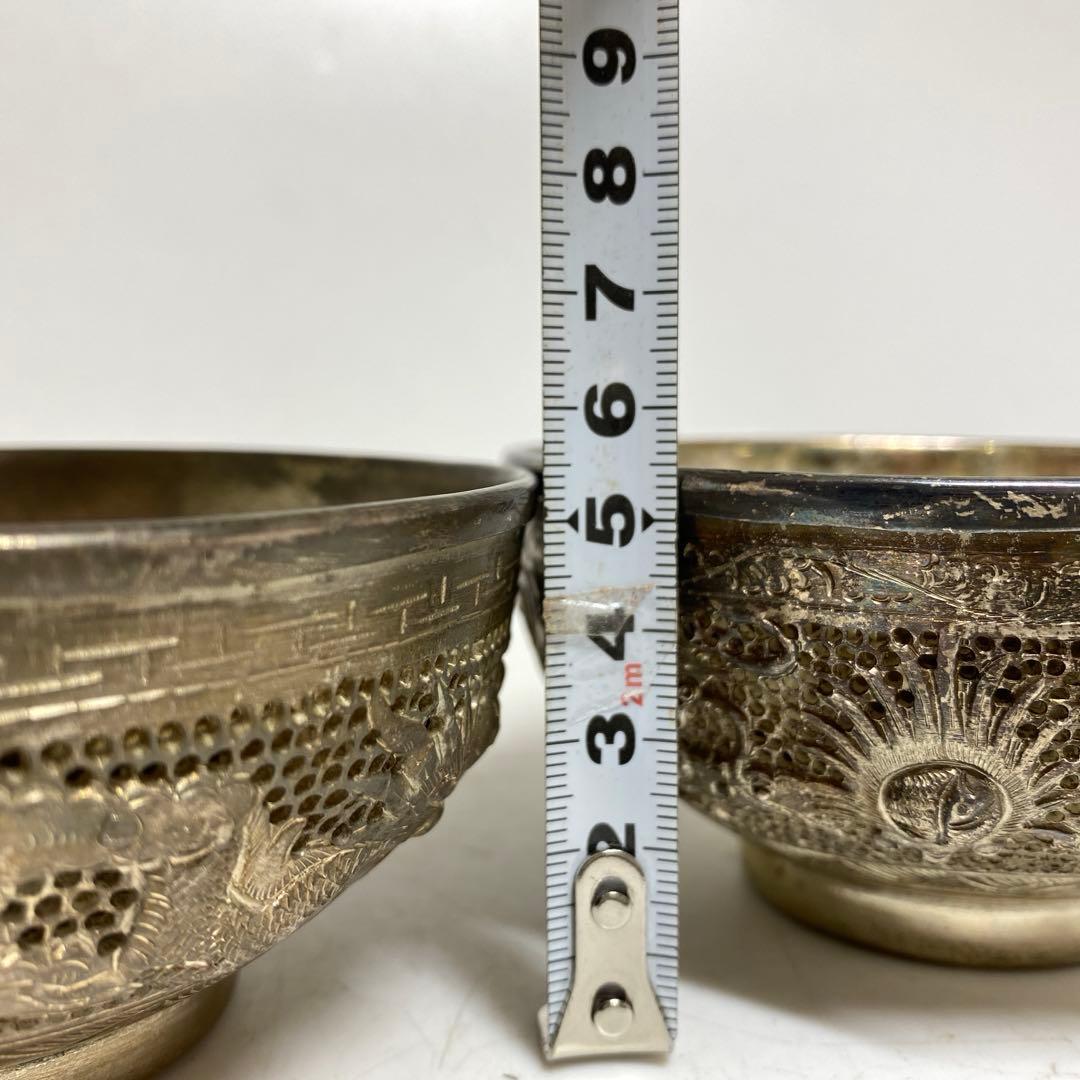 中国古玩 龍銀細工茶碗 2客 直径11.3㎝ 521gタサオ 東な8-0104③