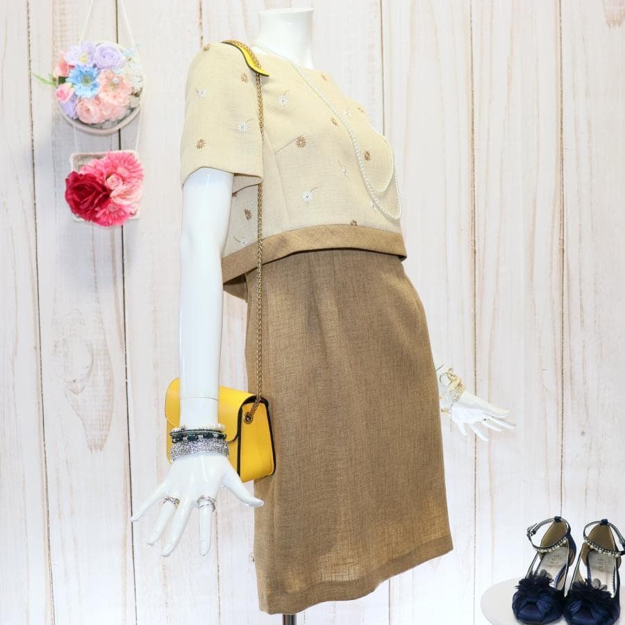 エムズグレイシー 花柄刺繍ワンピース M バイカラー ブラウン くるみボタン