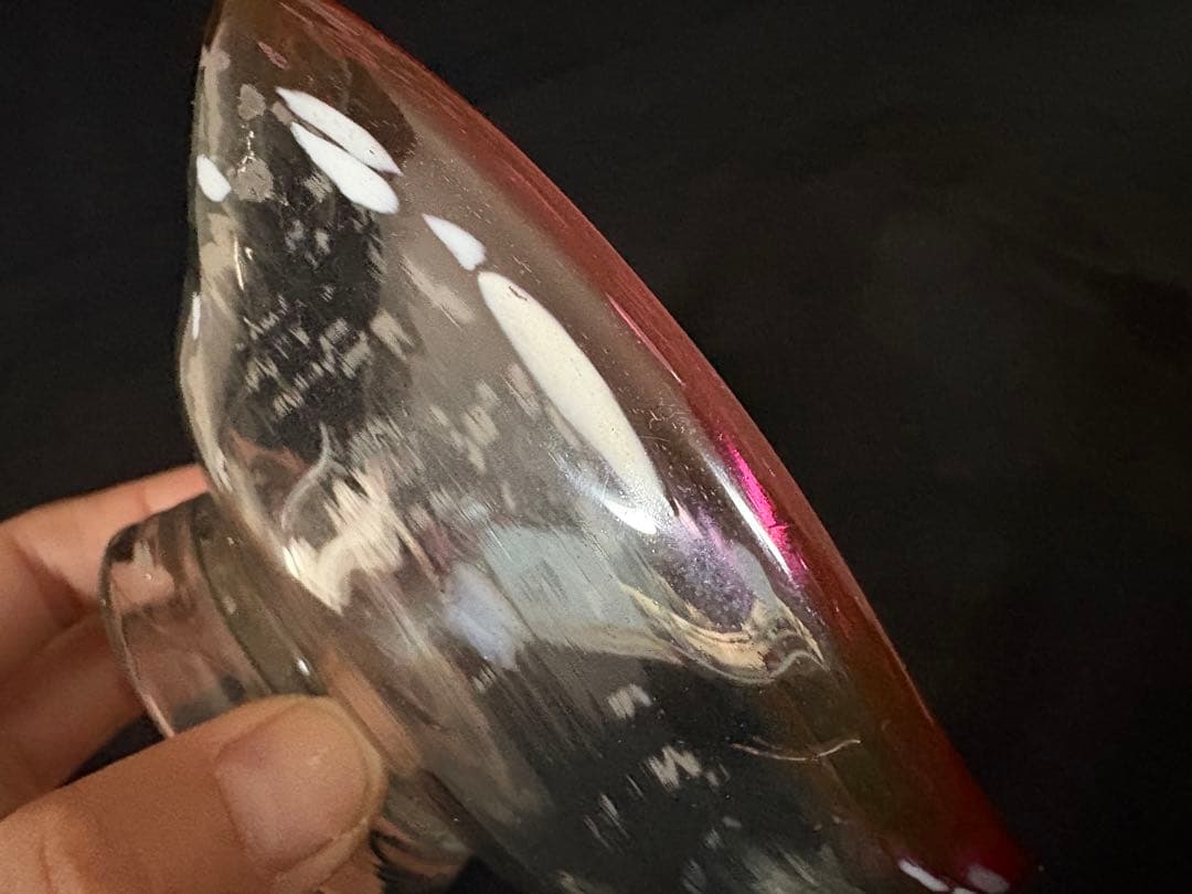 大正ガラス　和ガラス　ウランガラス 桃色縁　白雪模様