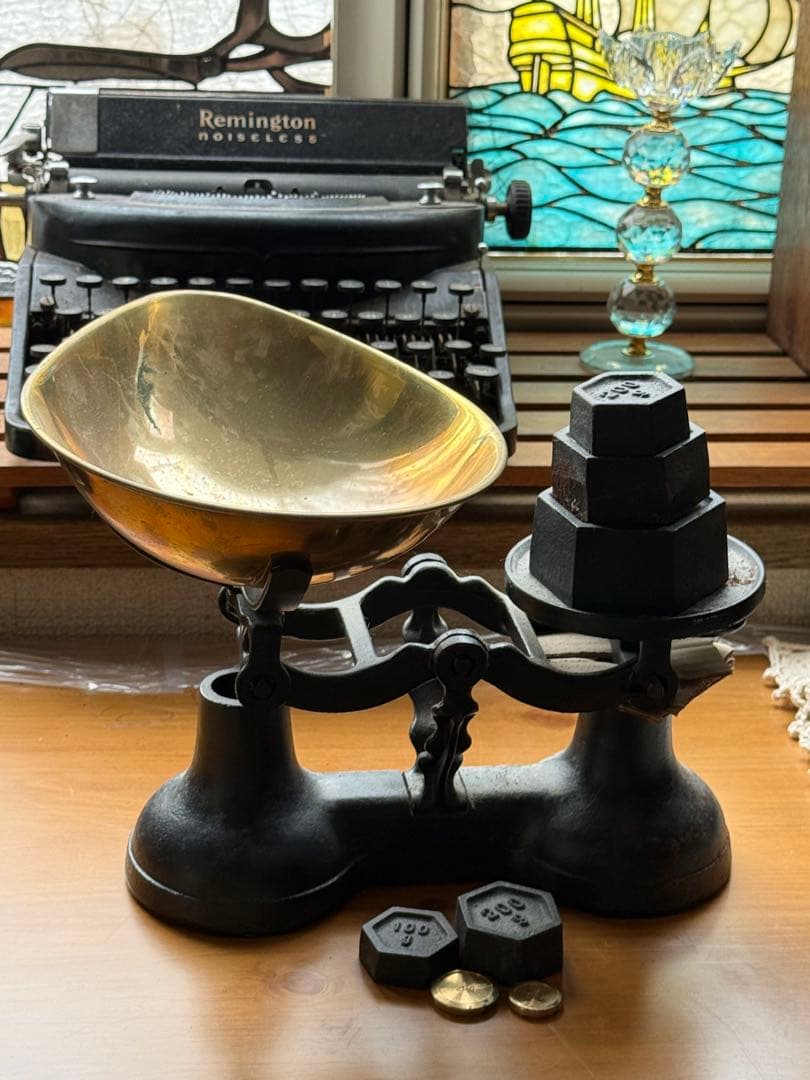 アンティークスケール 上皿天秤 天秤式はかりと重りセット 天秤計り アイアン銅