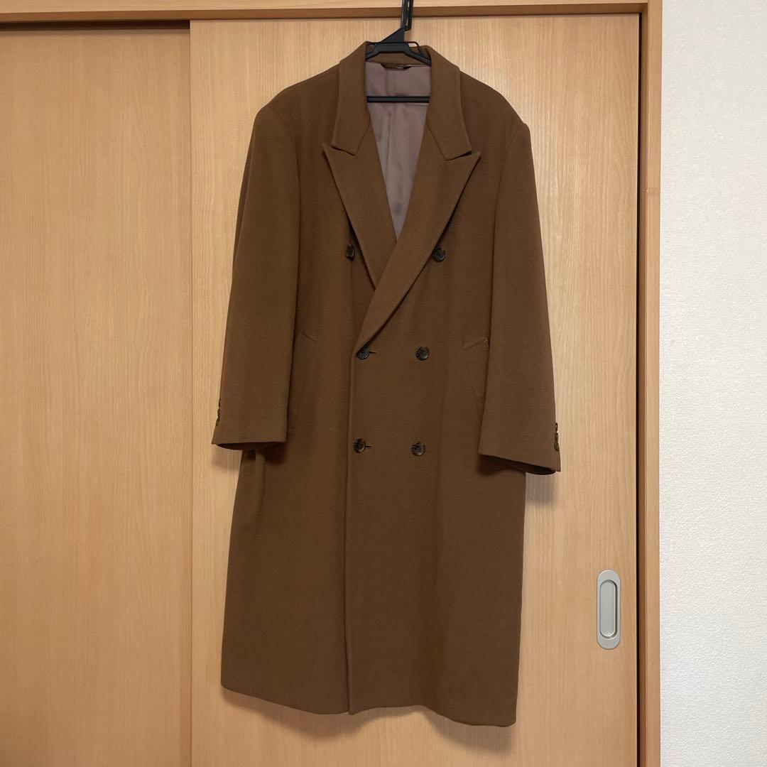 ダブルチェスターコート　カシミア　ヴィンテージ　ロングコート　秋冬　肩パッド　茶
