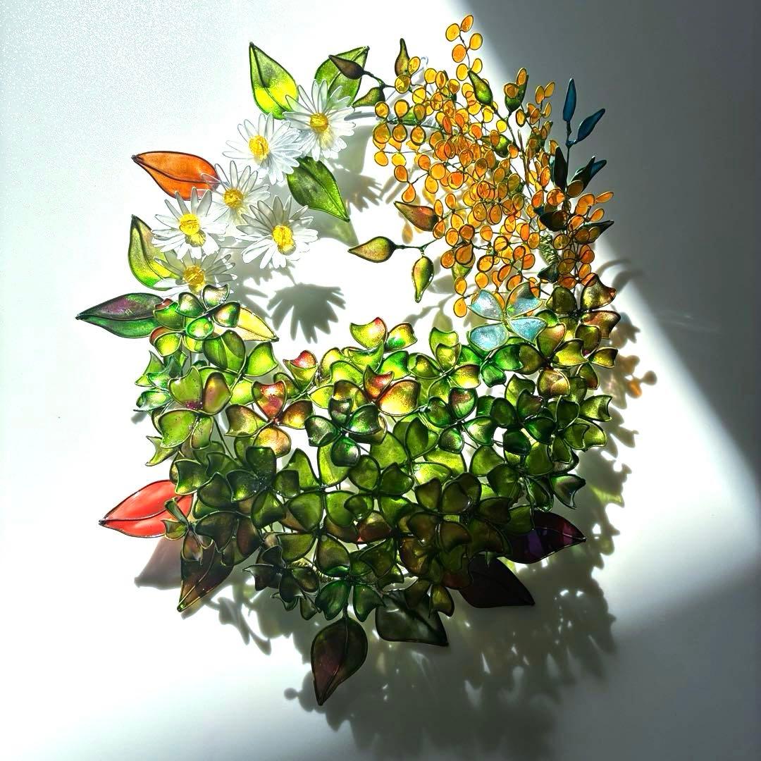 大きな　春いっぱいリース　ワイヤークラフト　ディップアート　壁飾り　アート