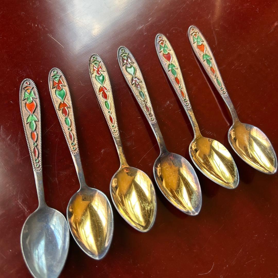 新品◆ヴィンテージ　ロシア　シルバーエナメルスプーン6本￼セット