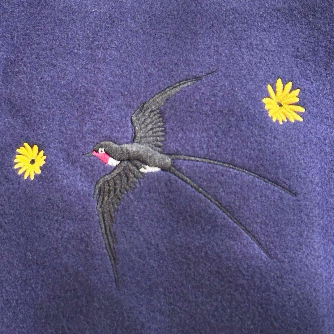 美品 ふりふ ポンチョコート ツバメ刺繍 鳥 着物ケープ ウール混 紺 マント