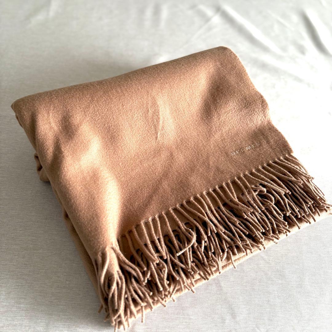 HERMES エルメスカシミヤ ストール キャメルフリンジ付き