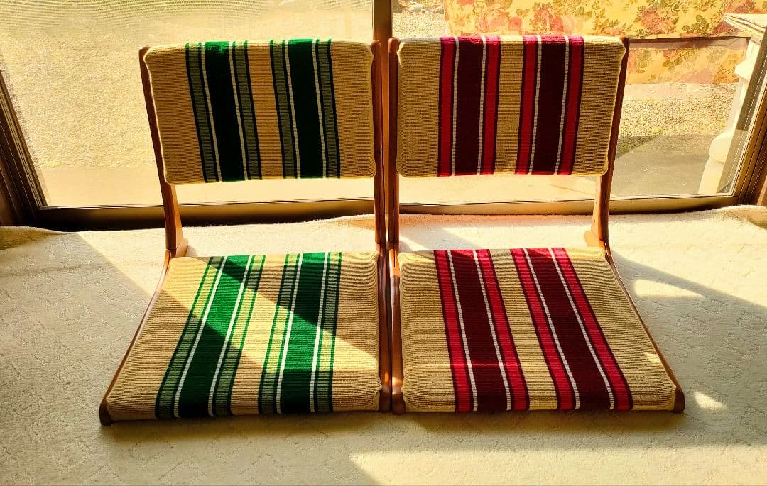 木製座椅子　折り畳み座椅子　２脚セット　布張り　昭和レトロ