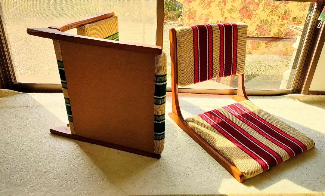 木製座椅子　折り畳み座椅子　２脚セット　布張り　昭和レトロ