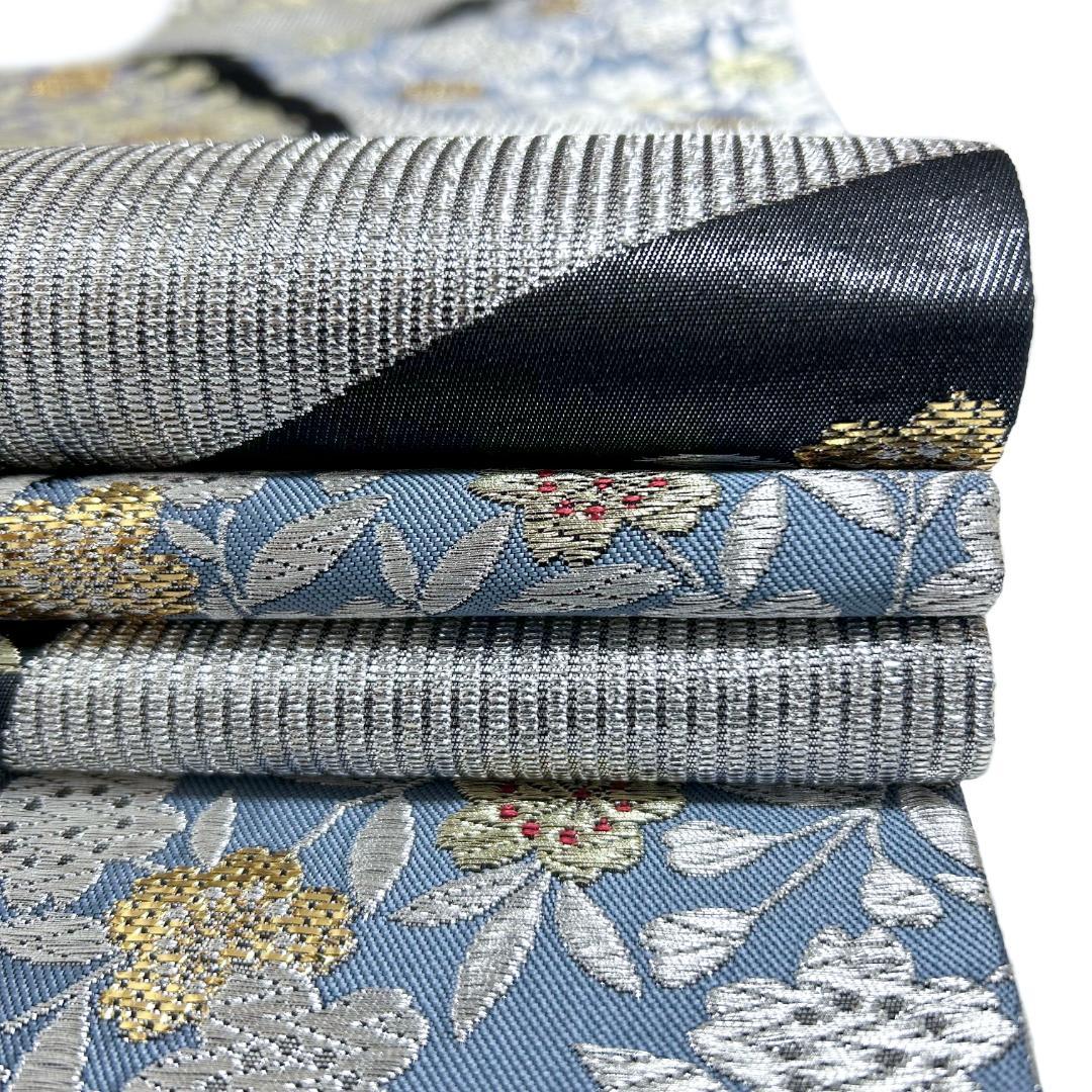 袋帯 正絹 金銀箔糸 桜 美デザイン 六通柄 シルバー ブルーグレー MWR
