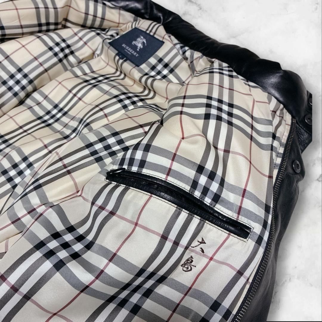 バーバリー　ロンドン　ダウンジャケット　ラムレザー　ノバチェック　ブラック　L