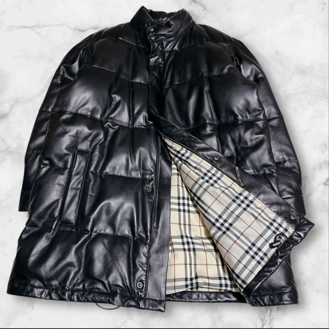 バーバリー　ロンドン　ダウンジャケット　ラムレザー　ノバチェック　ブラック　L