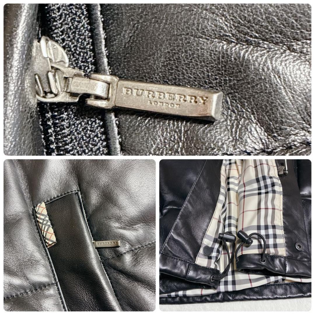 バーバリー　ロンドン　ダウンジャケット　ラムレザー　ノバチェック　ブラック　L