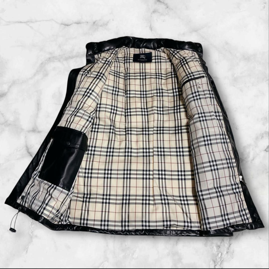 バーバリー　ロンドン　ダウンジャケット　ラムレザー　ノバチェック　ブラック　L