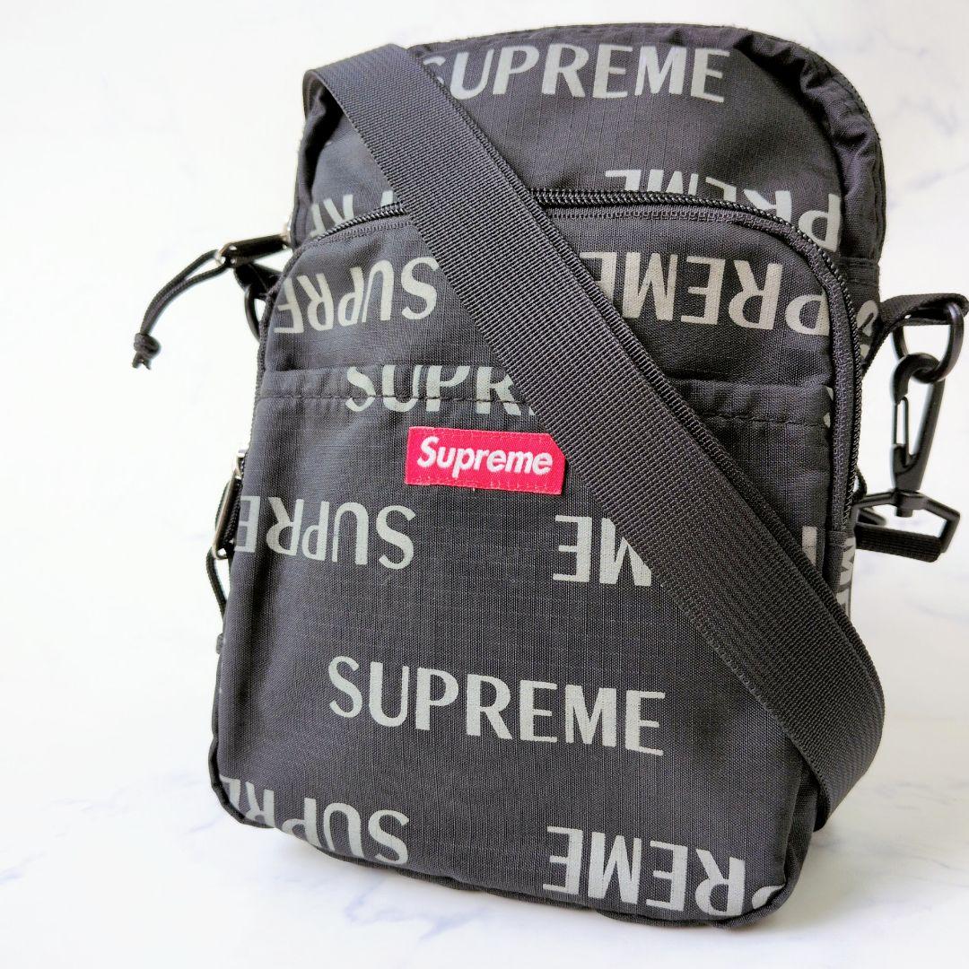 【美品】シュプリーム ショルダーバッグ ブランドロゴ 総柄 ブラック ナイロン