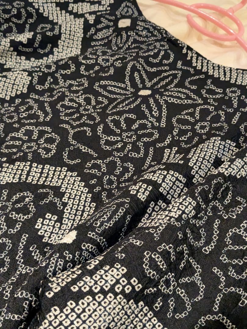 正絹　総絞り　黒地　着物リメイク　七分袖　ワンピース　プルオーバー