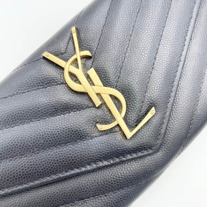 サンローラン 長財布 フラップ カサンドラ YSL Vステッチ レザー 黒