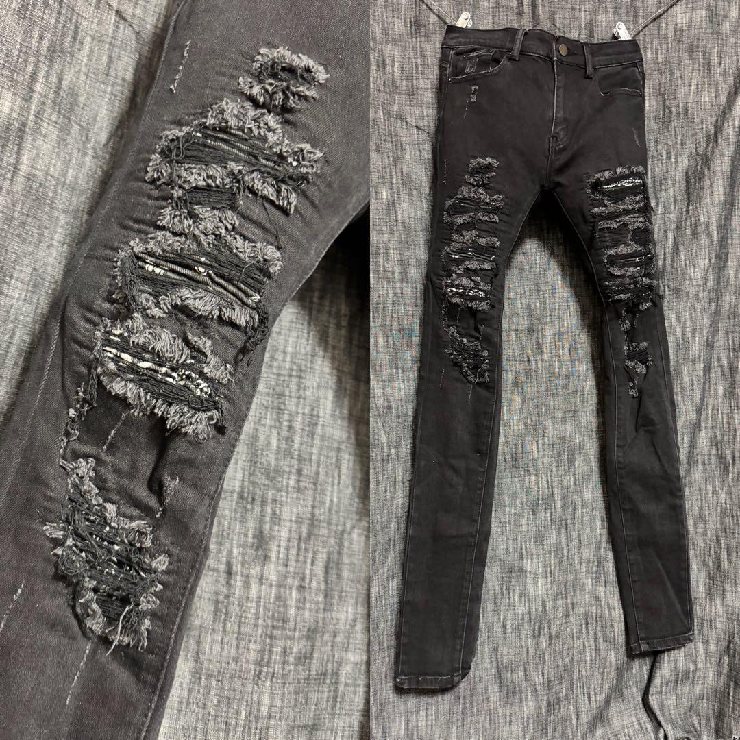 mnml バンダナ 蛇腹 ハードダメージ加工 バンダナリペア スキニーデニム 黒