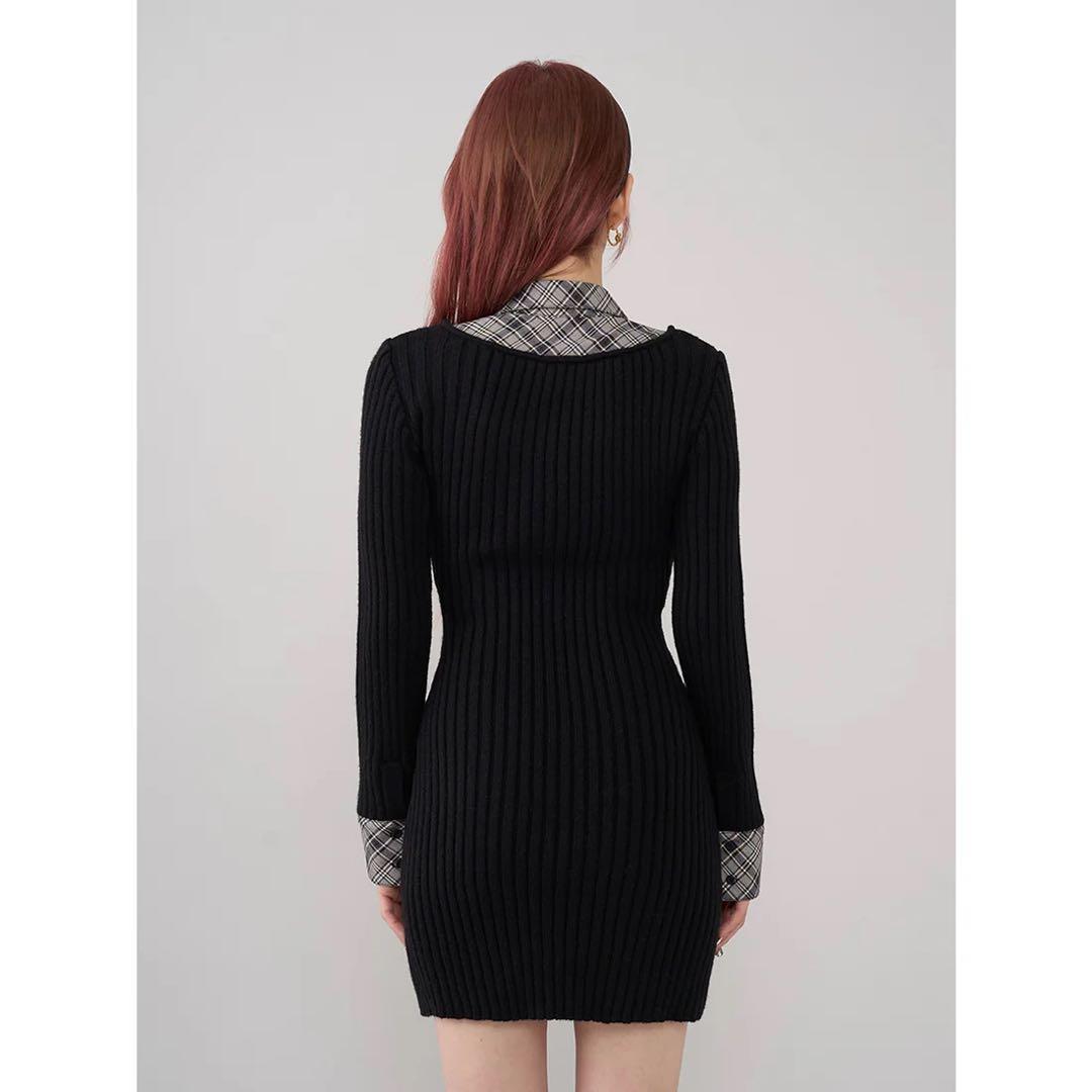 新品タグ付 ダーリッチ ブラック レイヤードライクニットミニワンピース フリー