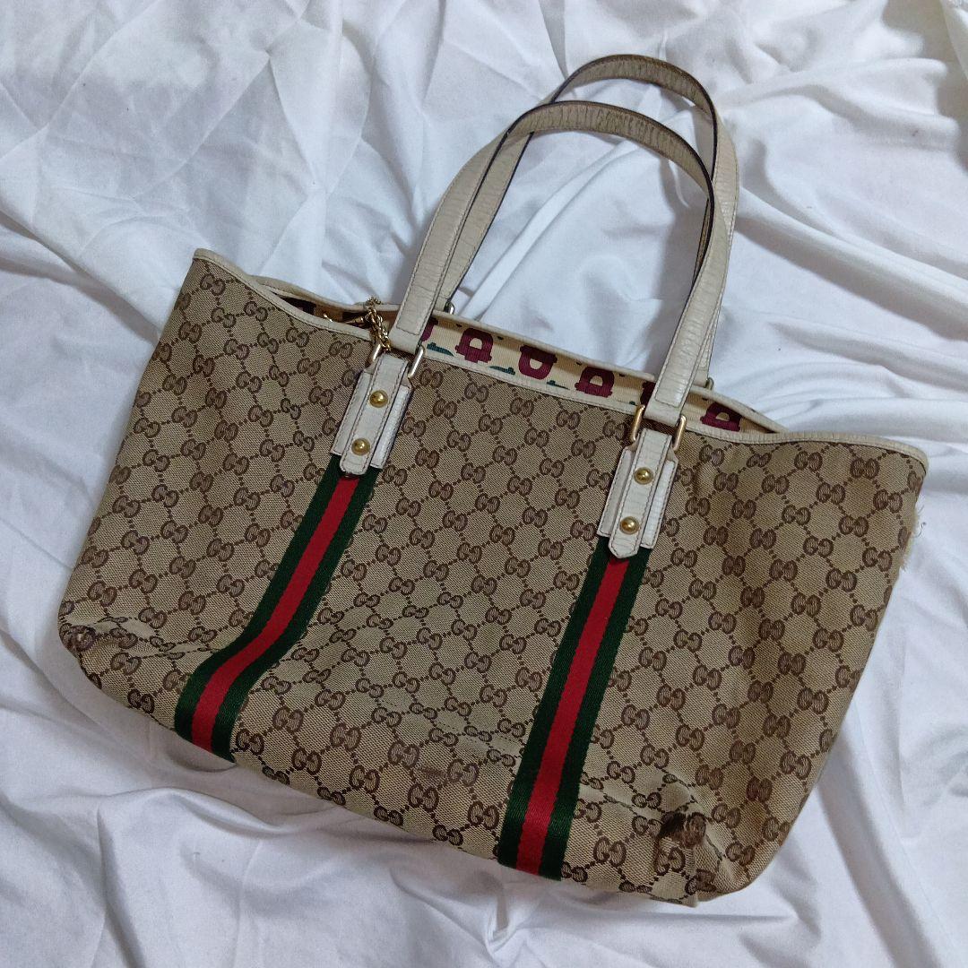 GUCCI　グッチ　シェリー　gg　キャンバス　レザー　トートバッグ