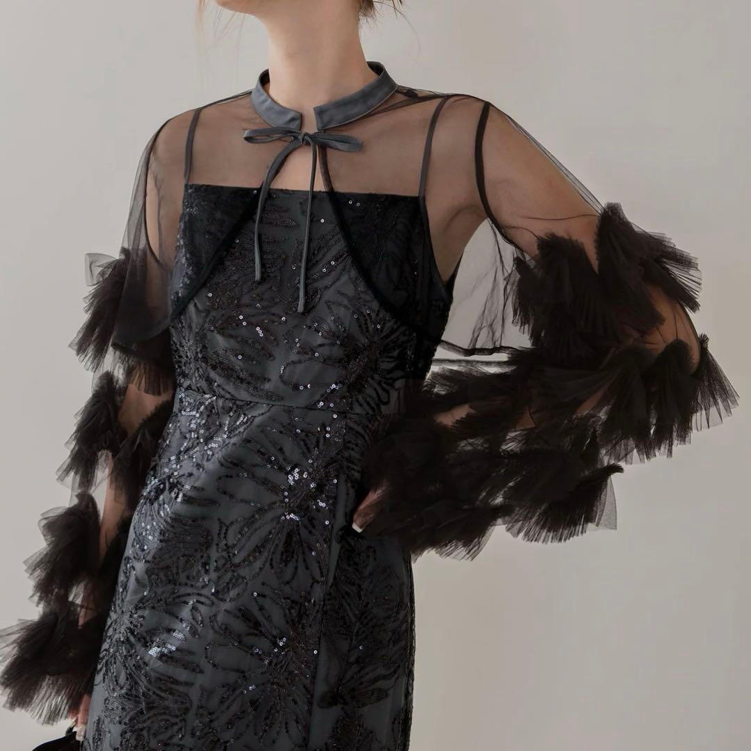 leja レジャ フリルチュールスリーブリボンIラインワンピースドレス