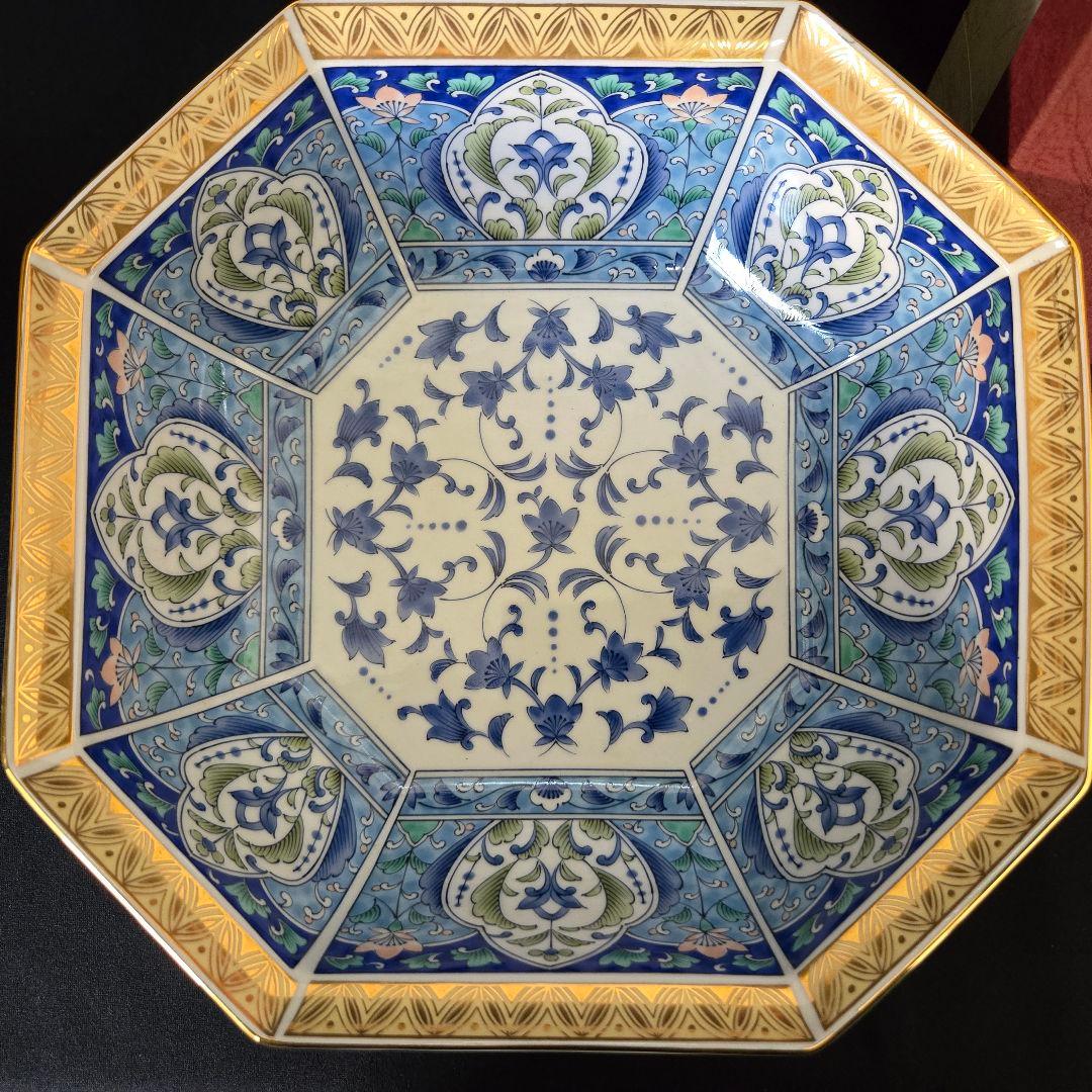 三洋陶器 龍峰窯 金彩七宝菓子鉢 八角鉢 八角皿 大皿 大鉢 金彩古