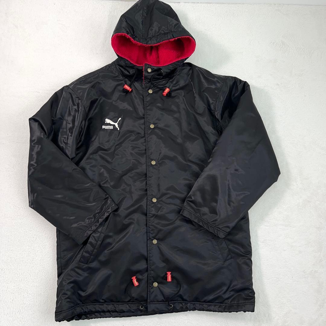 希少【PUMA】90sヒットユニオン製 ベンチコート デカロゴ ボア裏地 黒×赤