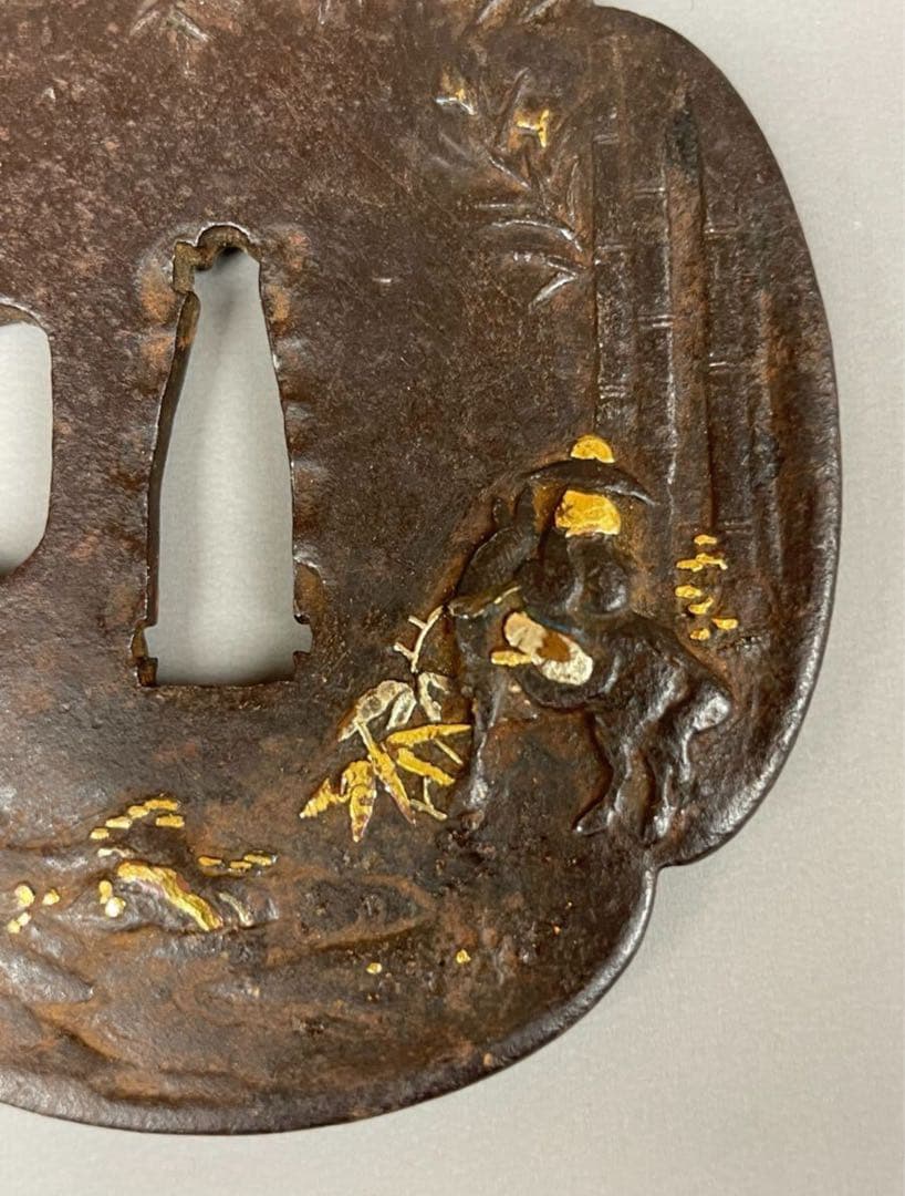 本歌 江戸期 鍔 竹藪 馬に乗った武士 金象嵌 武具 鉄鍔 つば 時代物