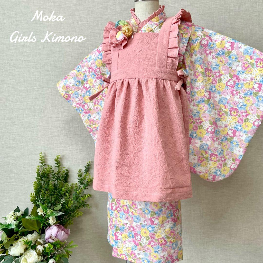 七五三 3歳 女の子 着物＆被布エプロンセット カラフルピンク／ハンドメイド