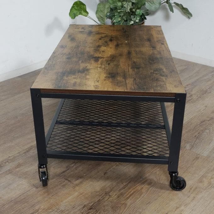 新品】ヴィンテージ調 センターテーブル 幅90cm キャスター付き メッシュ棚