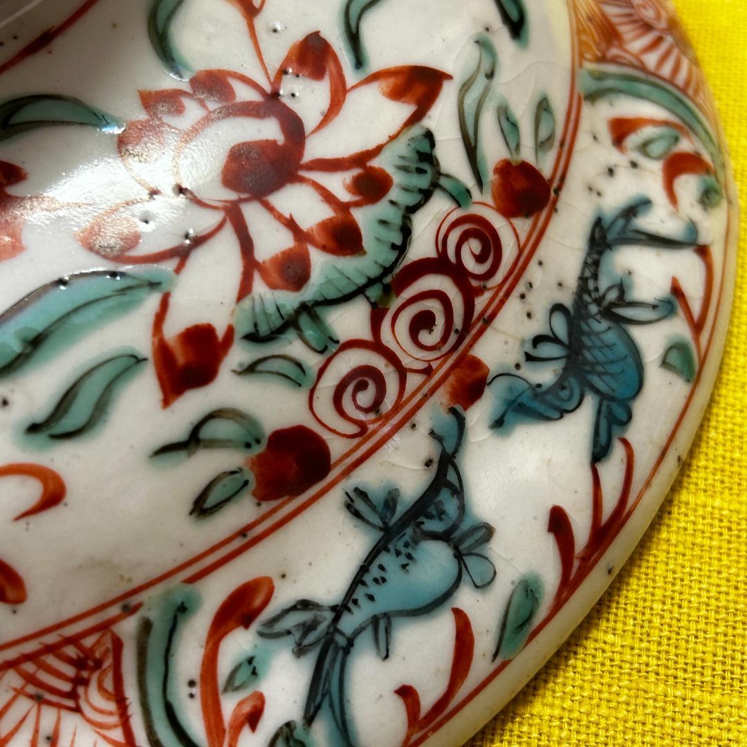 中国古美術 明時代 呉須赤絵 花草鳥魚文 古染付龍文飾皿 唐物 南京赤絵