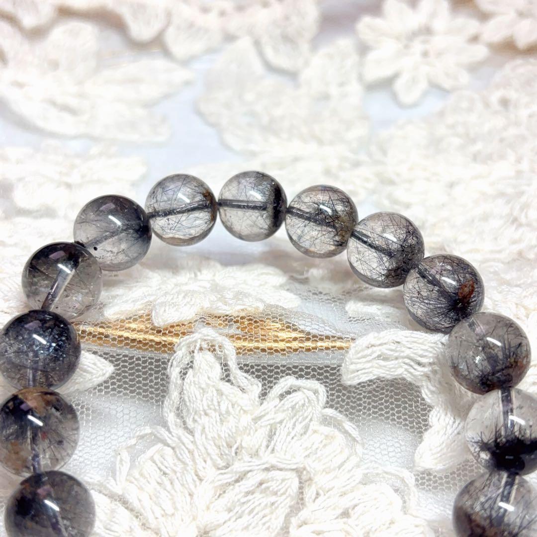 高透明 ブラックルチル ガーデンクォーツブレスレット 虹入り 金運魔除 11mm