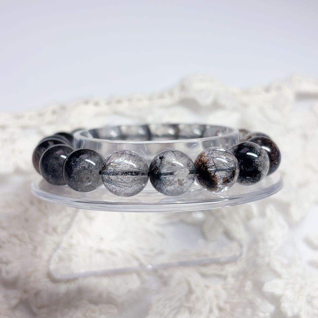 高透明 ブラックルチル ガーデンクォーツブレスレット 虹入り 金運魔除 11mm