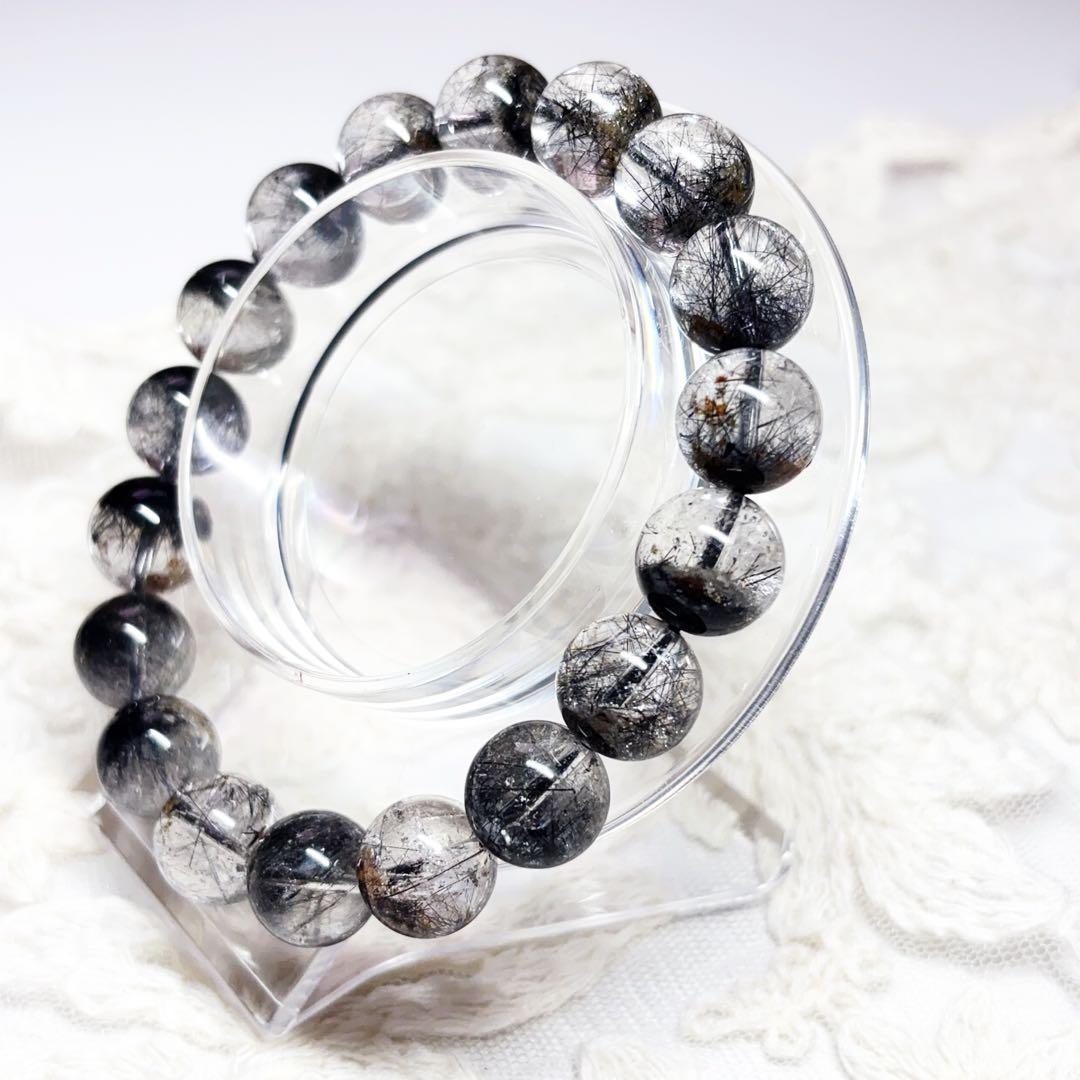 高透明 ブラックルチル ガーデンクォーツブレスレット 虹入り 金運魔除 11mm