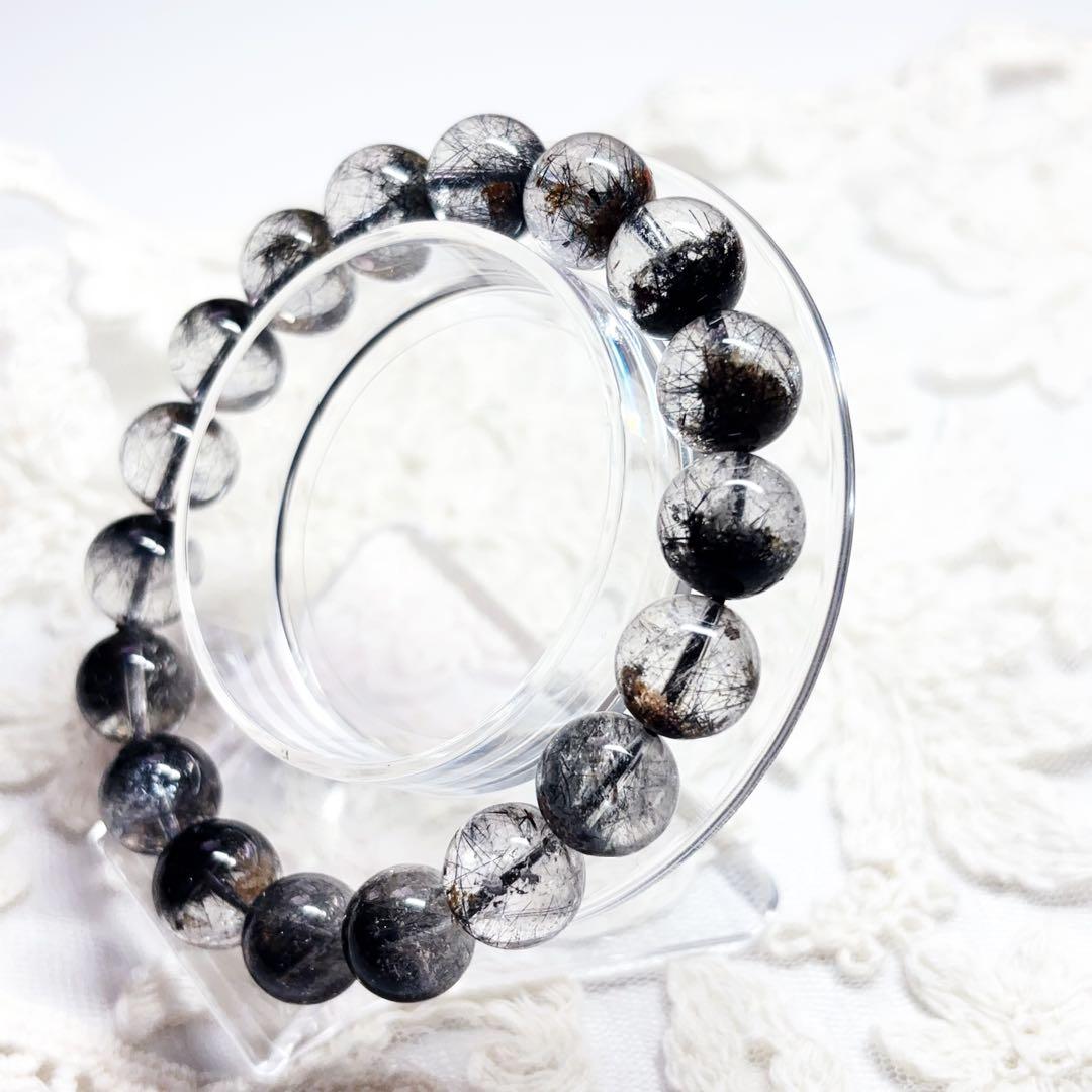 高透明 ブラックルチル ガーデンクォーツブレスレット 虹入り 金運魔除 11mm