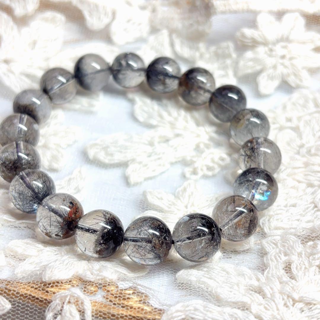 高透明 ブラックルチル ガーデンクォーツブレスレット 虹入り 金運魔除 11mm