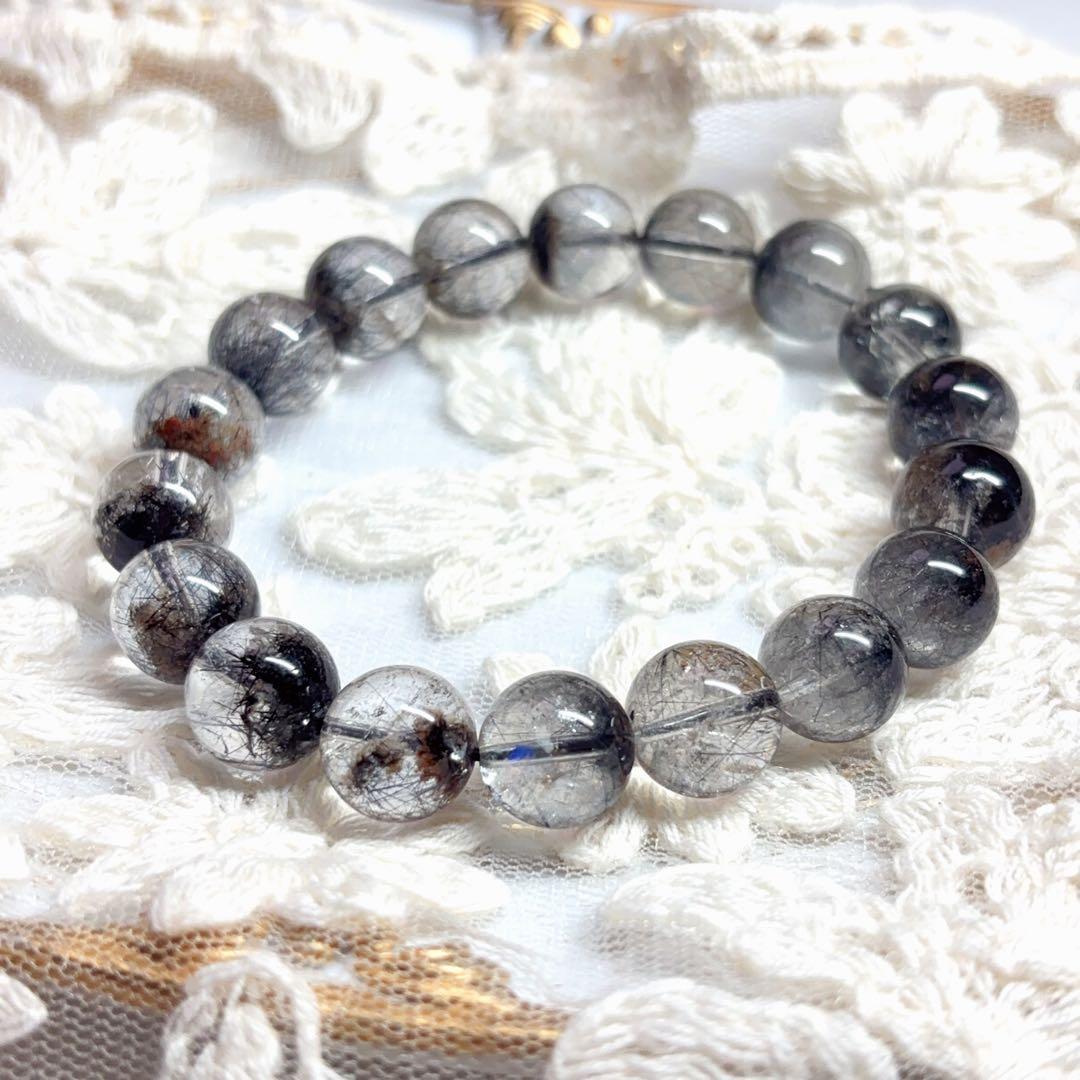 高透明 ブラックルチル ガーデンクォーツブレスレット 虹入り 金運魔除 11mm