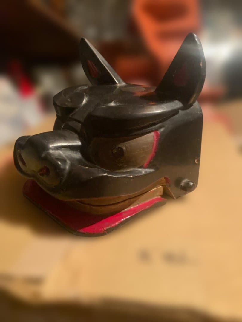 【正月】縁起物　お年玉　獅子舞　ビンテージ木製　レトロ　漆黒塗　こども　成長祈願