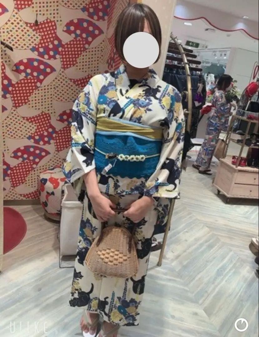 ふりふ　黒猫　浴衣　9点セット　洗える浴衣　白地　水色　黄色　兵児帯