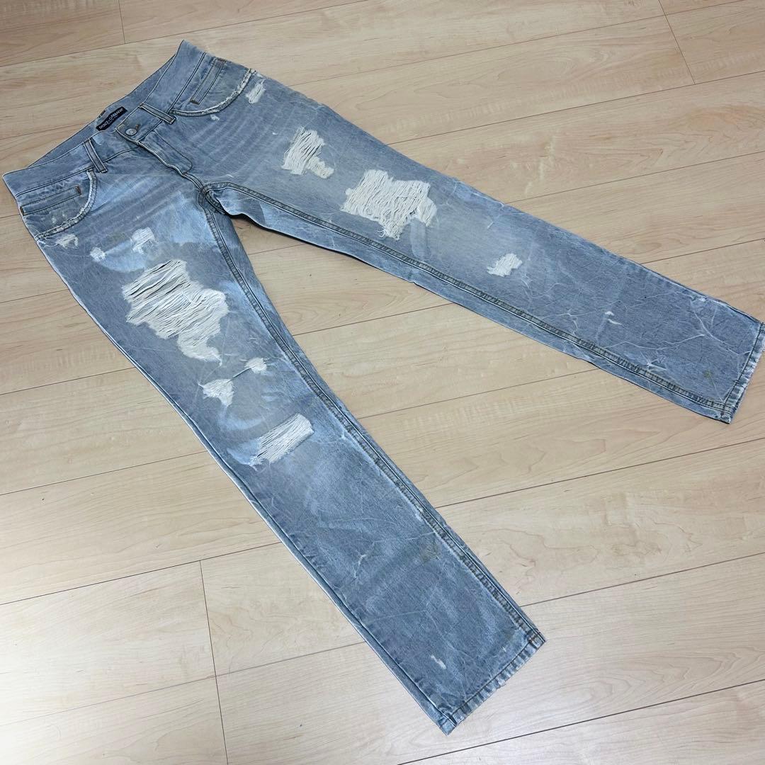 DOLCE & GABBANA グレー ダメージ加工ストレートデニム44