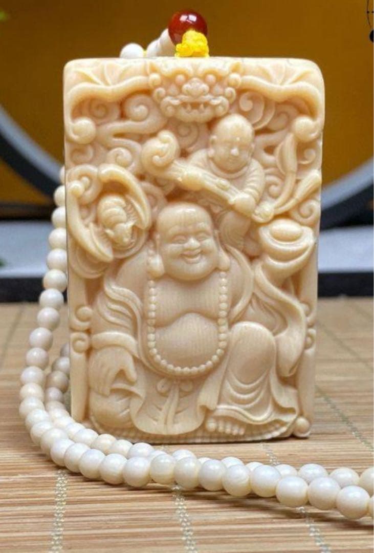 天然マンモス牙精巧な手作り彫刻童子戯弥勒 置物