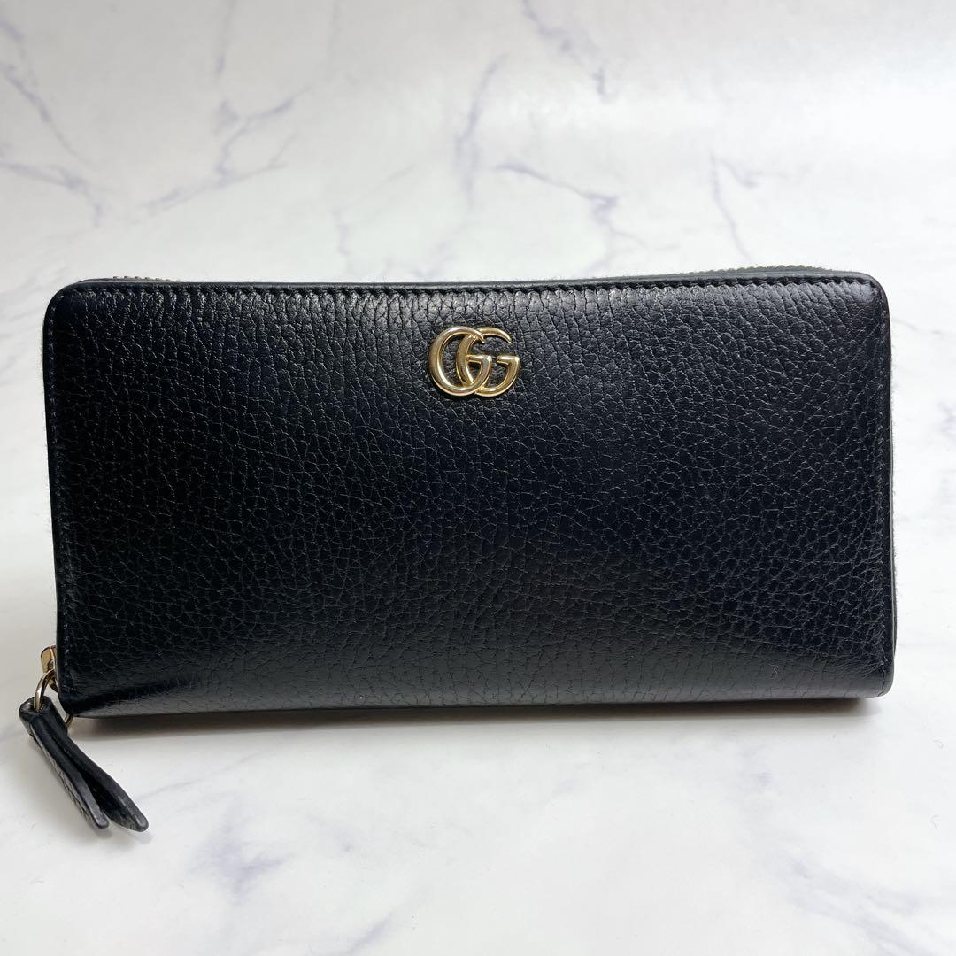 極美品✨GUCCI ラウンドファスナー GGマーモント レザー シボ革 ブラック
