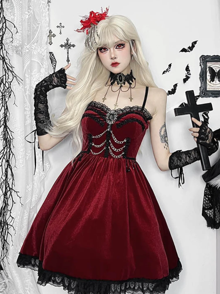 Lace Velvet Halloween Nightclub Sexy Red Dress Women Dark Gothic