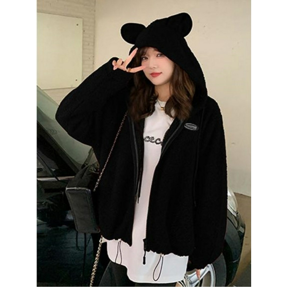 耳付きのアニマル風フードが可愛い！両面ボアフリースブルゾン 大きい