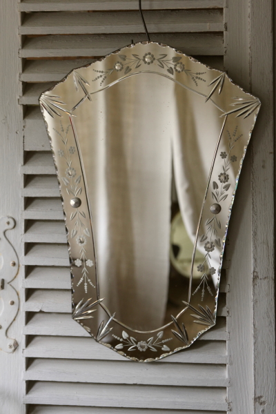 アンティークミラー フランス ベネチアンミラー エングレーヴィング 花